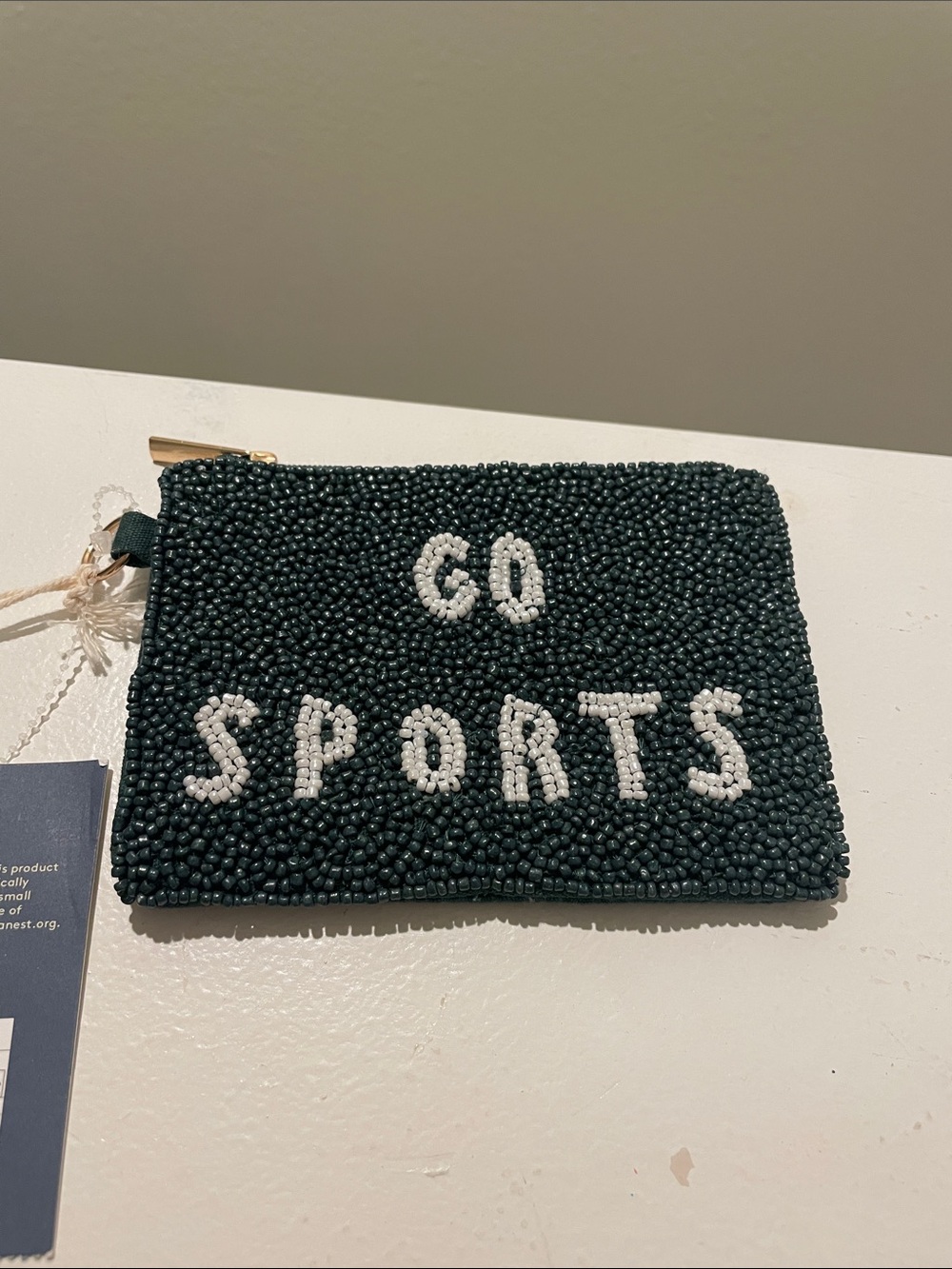 Universal threads Beaded 'GO SPORTS' Zip Pouch - Dark Green nwt